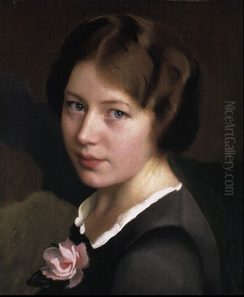 Girl With A Pink Rose Oil Painting by William McGregor Paxton