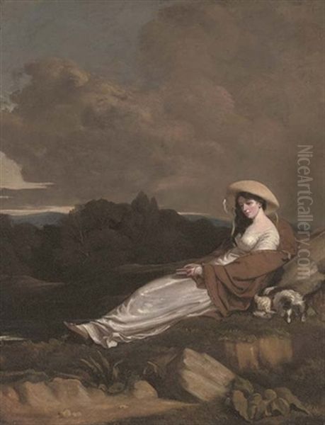 Portrait Of A Lady In A White Dress And Brown Shawl Holding A Book, Reclining In A Landscape, A Dog By Her Side Oil Painting by Richard Morton Paye