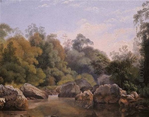 The River Citarum, Priangan (west-java), With Figures On A Tree Trunk-raft Oil Painting by Antoine A.J. Payen