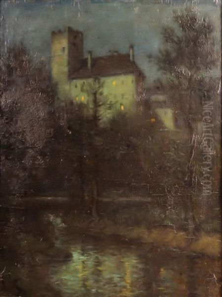 Evening Lights Along River Oil Painting by Ernst Payer