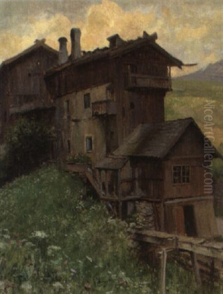 Bauernhauser Am Brenner.  Deutsch-matrei Oil Painting by Ernst Payer