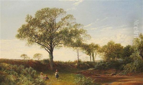 A Tranquil Landscape With Children Playing On A River Bank Oil Painting by David Payne