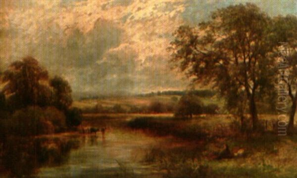 River Scene With Cattle Watering And Fisherman In The Foreground by David Payne