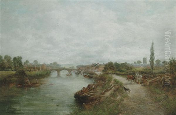 River Landscape With A Town Beyond Oil Painting by David Payne