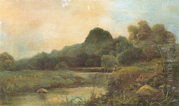 Figure Fishing In A River Landscape, Near Barrow-on-trent Oil Painting by David Payne