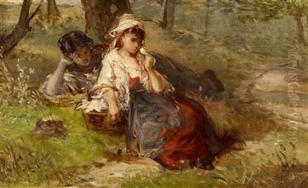 Zwei Madchen Auf Einer Waldwiese Ruhend Oil Painting by Henry Albert Payne