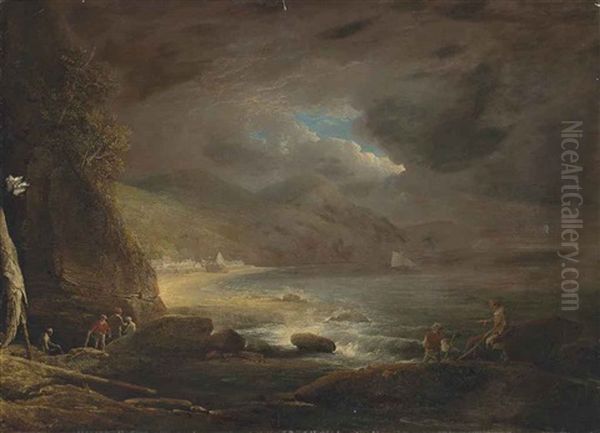 A Coastal Landscape With Figures Preparing Their Nets On The Shore, A Town Beyond Oil Painting by William Payne