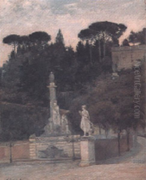 A Roman Garden Oil Painting by Norberto Pazzini