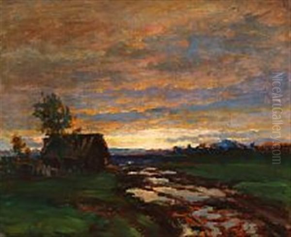 Sunset Over A Russian Farm House Oil Painting by Vladimir Nikolaevich Pchelin