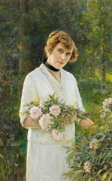 Portrait Einer Blumenpfluckenden Dame Oil Painting by Vladimir Nikolaevich Pchelin