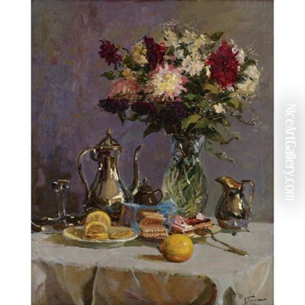 Still Life With Teapot And Flowers Oil Painting by Vladimir Nikolaevich Pchelin