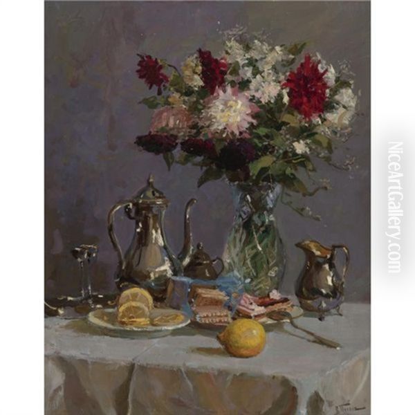 Still Life With Teapot And Flowers Oil Painting by Vladimir Nikolaevich Pchelin