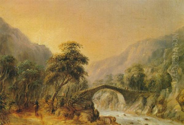 Imagined Landscape With Stone Bridge And Blue Mountains Oil Painting by George Edwards Peacock