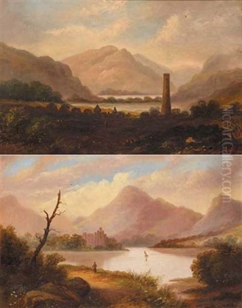 The Round Tower, Glendalough (+ Castle On A Lake, Killarney; Pair) Oil Painting by Joseph Peacock