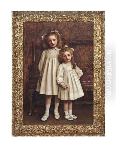 Portrait Of Irene And Helen, Full-length, In White Dresses Oil Painting by Ralph Peacock