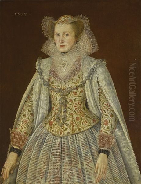 Portrait Of A Lady, Three-quarter Length, Wearing An Embroidered Waistcoat, With Lace Collar And Cuffs Oil Painting by Robert Peake the Elder