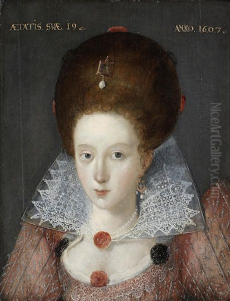 Portrait Of A Lady, Bust-length, In A Red Embroidered Dress And Lace Collar Oil Painting by Robert Peake the Elder