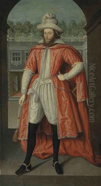 Portrait Of William Pope, 1st Earl Of Downe In His Robes As A Knight Of The Bath, Under An Arch Opening Onto A Courtyard Oil Painting by Robert Peake the Elder