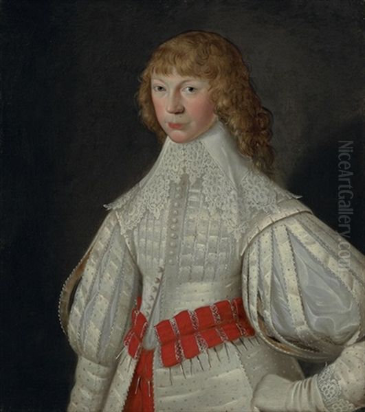 Portrait Of The Hon. Francis Poulett Wearing A White Jacket With Slashed Puff Sleeves And Red Ribbon Belts Oil Painting by Robert Peake the Elder