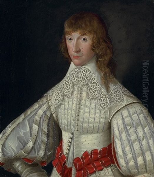 Portrait Of John, 2nd Baron Poulett, Wearing A White Jacket With Slashed Puff Sleeves And Red Ribbon Belts Oil Painting by Robert Peake the Elder