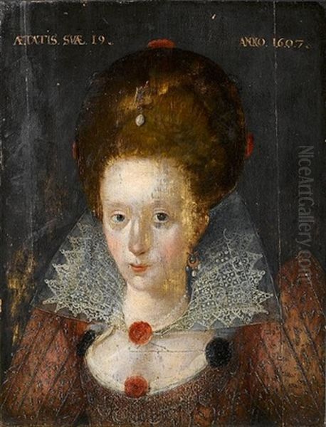 Portrait Of A Young Lady, Aged 19, Bust-length, In A Crimson Embroidered Dress With A White Lace Collar And Pearl Earrings Oil Painting by Robert Peake the Elder