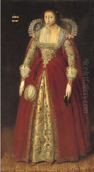 Portrait Of A Lady,(lady Style?) In A Red Dress With Elaborately Embroidered Under-skirt And Lace Collar And Cuffs, Holding A Prayer Book In Her Left Hand Oil Painting by Robert Peake the Elder