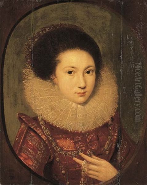 Portrait Of A Girl, Bust-length, In A Scarlet Embroidered Dress And Lace Collar Oil Painting by Robert Peake the Elder