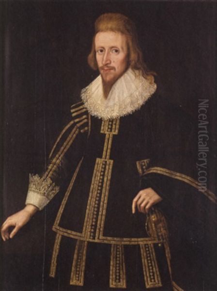 Portrait Of A Gentleman Wearing A Black Doublet With Gold Trim And White Lace Ruff Oil Painting by Robert Peake the Elder