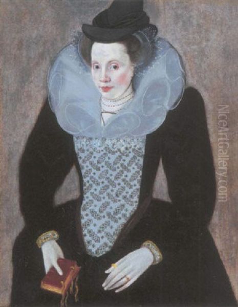 Portrait Of A Lady In A Black Dress, A White Embroidered Bodice And Ruff, Holding A Book In Her Right Hand Oil Painting by Robert Peake the Elder