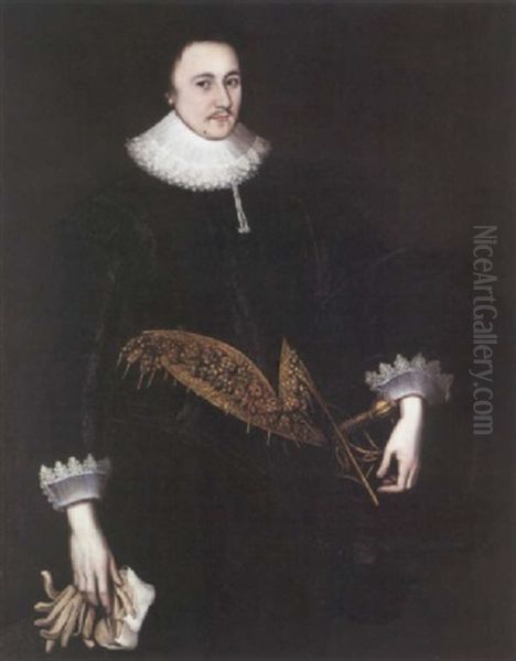 Portrait Of Sir Martin Lister Wearing A Black Doublet And Hose With A White Lace Collar Oil Painting by Robert Peake the Elder