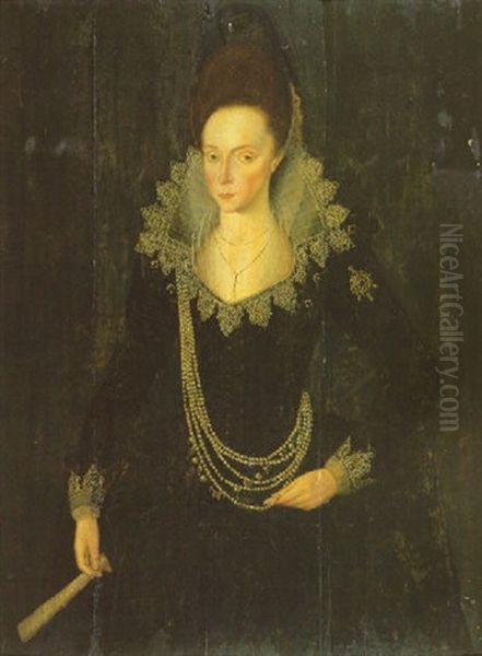 Portrait Of Elizabeth, Sister Of Sir Nicholas Halswell, Wearing A Black Dress, Lace Cuffs And Collar And A Pearl Necklace Oil Painting by Robert Peake the Elder