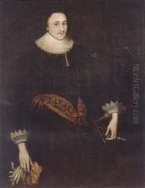 Portrait Of A Gentleman (sir Martin Lister?) Wearing A Black Doublet And Hose, White Lace Ruff Collar And A Gold Embroidered Belt Oil Painting by Robert Peake the Elder