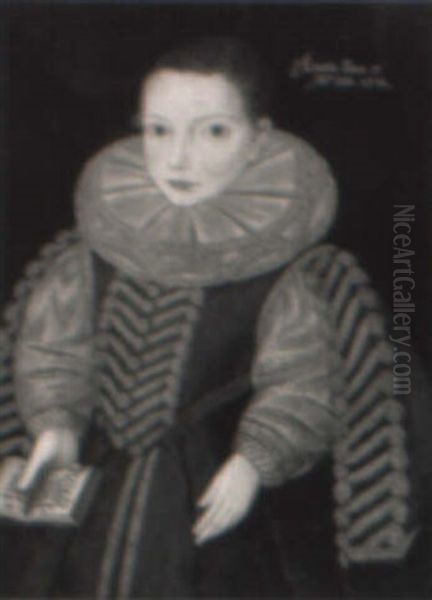 Portrait Of A Boy, In Green Dress With Yellow Trim...holding A Book Oil Painting by Robert Peake the Elder