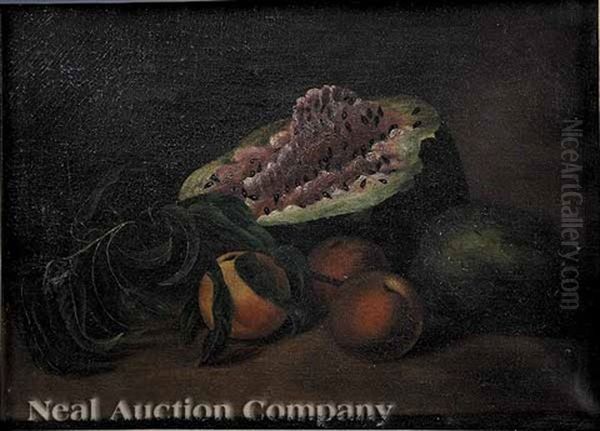 Still Life With Watermelon, Peaches, And A Pear Oil Painting by James Peale Jr.