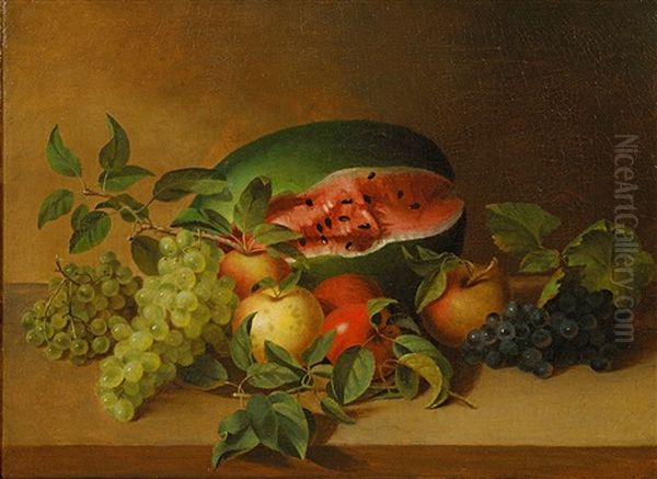 Still Life With Watermelon, Peaches, And A Pear Oil Painting by James Peale Sr.