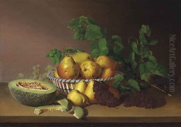 Still Life With Pears, Grapes And Autumn Leaves Oil Painting by James Peale Sr.