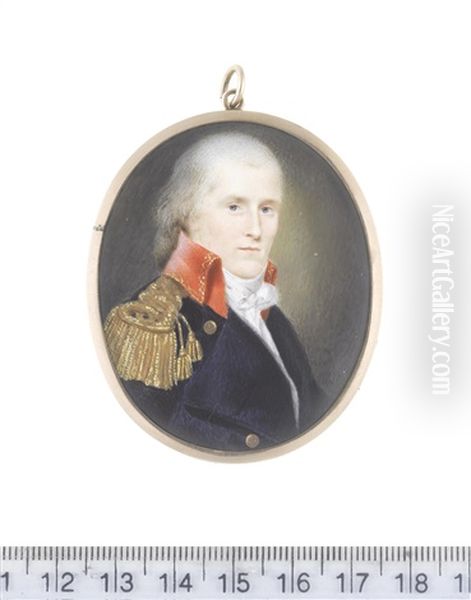 A Naval Officer, Wearing Navy Blue Coat With Brass Buttons Bearing Anchors And Red Standing Collar Edged With Gold Embroidery, Gold Epaulette, White Chemise, Stock And Knotted Cravat Oil Painting by Charles Willson Peale