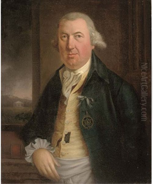 Portrait Of A Gentleman, Half-length, In A Dark Green Coat Wearing A Masonic Badge Oil Painting by Charles Willson Peale