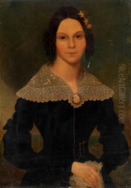 Portrait Of A Young Lady, In A Black Dress With A White Lace Blouse, A Blue Sky Beyond Oil Painting by Rembrandt Peale