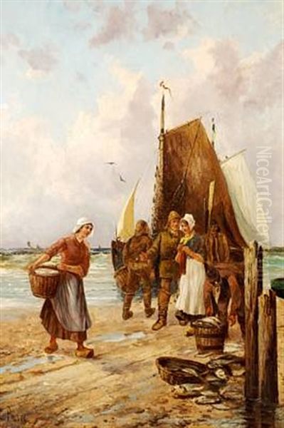 Coastal Scene With The Catch Of The Day Being Brought Ashore Oil Painting by Charles Sprague Pearce