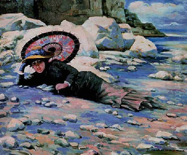 Reading By The Shore Oil Painting by Charles Sprague Pearce