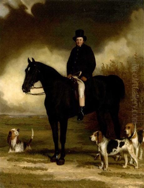 Portrait Of Arthur S. Brook, Master Of The Bexhill Harriers, Small Full-length, Seated On A Black Horse, With Three Harriers, And A Distant View Of The Coast Oil Painting by Stephen Pearce