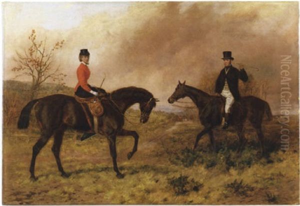 Sporting Landscape With Gentleman And Lady In Hunt Attire On Horseback, With Other Riders Along A Country Road Oil Painting by Stephen Pearce