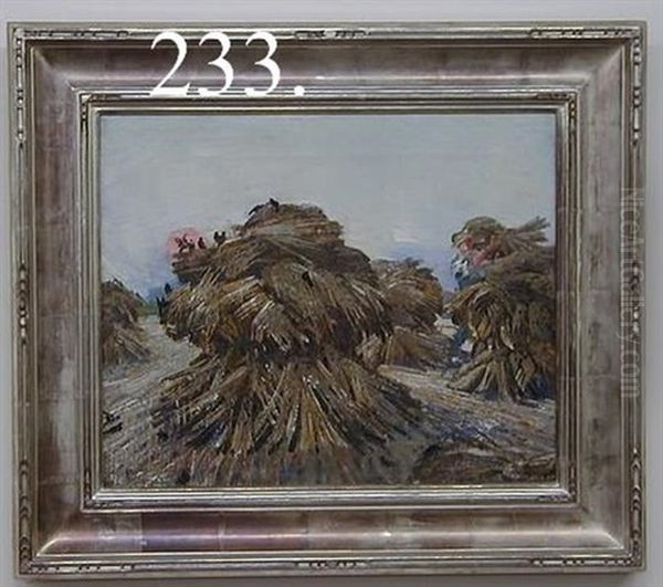 Haystacks With A Red Sun Oil Painting by Joseph Thurman Pearson Jr.