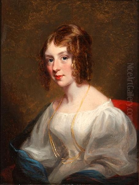 Portrait Of A Lady Wearing A White Dress And Blue Shawl Oil Painting by Mary Martha Pearson