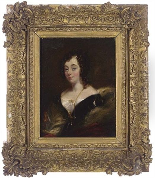 Portrait Of A Lady Seated In A Black Dress With White Collar And Pearls In Her Hair Oil Painting by Mary Martha Pearson