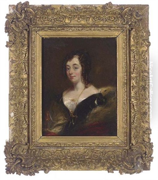 Portrait Of A Lady Seated In A Black Dress With White Collar And Pearls In Her Hair Oil Painting by Mary Martha Pearson