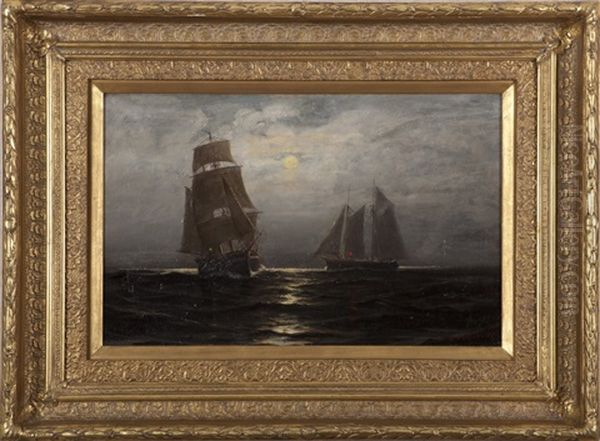 Moonlight Scene Of A Ship And A Schooner At Sea Oil Painting by Robert Pearson