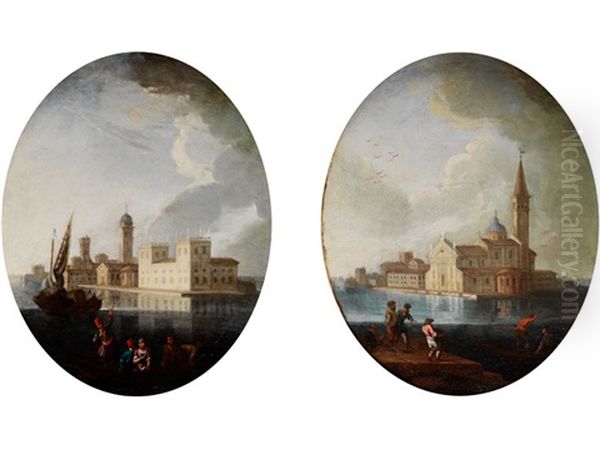 Blick Auf Eine Venezianische Insel Mit Palazzo Sowie Blick Auf San Giorgio Maggiore (pair) Oil Painting by Domenico Pecchio