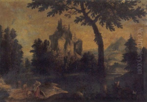 Paesaggio Fluviale D'invenzione Con Un Borgo Turrito Sopra Un Orrido Con Contadini E Armenti In Primo Piano Oil Painting by Domenico Pecchio